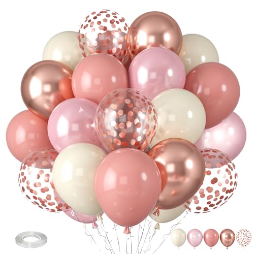 Luftballons Altrosa Rosa, Luftballons Beige Roségold, Retro Aprikose Rosa Ballon mit Metallic Roségold Konfetti Ballons für Boho Hochzeit Mädchen Frau Geburtstag Deko Baby Shower Dusche von Paready