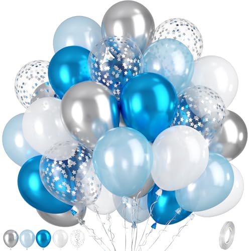 Luftballons Blau Silber Weiß, 50 Stück Blaue Silber Ballons, Metallic Blau Silber Perlmutt Blau Weiß Ballons, Sternchen-Konfetti-Ballons FüR Hochzeit Geburtstag Party Babyparty Brautparty Dekoration von Paready