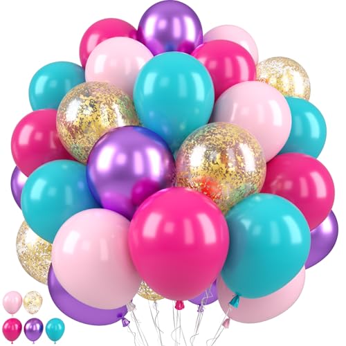 Luftballons Rosa Blau Lila, Rosa und Lila Luftballons, Türkisblau Macaron Pink Metallic Lila Luftballons Gold Konfetti-Luftballons für Mädchen Geburtstag Babyparty Verlobung Hochzeit Dekorationen von Paready