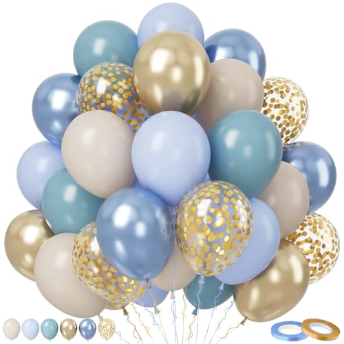 Paready Blau Luftballons, 50 Stück Luftballon Geburtstag Blau Gold, 12 Zoll Dusty Blau Hellblau Metallic Gold Blau Sandweiß Konfetti Ballon für Junge Mann Geburtstag Hochzeit Babyparty Deko von Paready