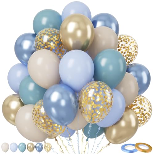 Paready Blau Luftballons, 50 Stück Luftballon Geburtstag Blau Gold, 12 Zoll Dusty Blau Hellblau Metallic Gold Blau Sandweiß Konfetti Ballon für Junge Mann Geburtstag Hochzeit Babyparty Deko von Paready