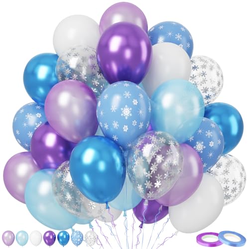 Paready Frozen Luftballons, 50 Stück Luftballon Geburtstag Blau Lila, 12 Zoll Metallic Blau Weiß Schneeflocken Konfetti Ballon für Mädchen Geburtstag Eis Schnee Winter Party Babyparty Hochzeit Deko von Paready