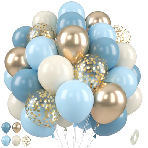 Paready Retro Blau Luftballons, 50 Stück Geburtstag Luftballon Blau Gold Weiß, 12 Zoll Sandweiß Retro-Eisnebelblau Macaron Blau Metallic Champagner Gold Ballon für Brautparty Blau Babyparty Deko von Paready