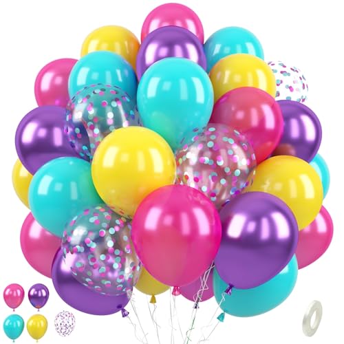 Paready Rosa Blau Lila Luftballons, 50 Stück Geburtstag Luftballon Regenbogen, 12 Zoll Hot Pink Teal Blau Metallic Lila Gelb Konfetti Ballon für Mädchen Magisches Geburtstag Brautparty Babyparty Deko von Paready