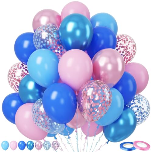 Paready Rosa Blau Luftballons, 50 Stück Luftballon Geburtstag Blau Pastell Rosa, 12 Zoll Metallic Rosa Blau Konfetti Ballon für Geschlecht Offenbaren Brautparty Geburtstag Hochzeit Babyparty Deko von Paready