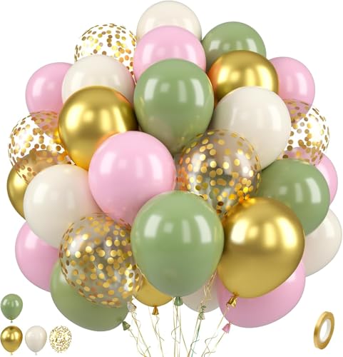 Paready Rosa Grün Luftballons, 50 Stück Geburtstag Luftballon Salbeigrün Rosa, 12 Zoll Metallic Gold Konfetti Avocadogrün Sandweiß Ballon für Dschungel Geburtstag Babyparty Hochzeit Abschluss Deko von Paready