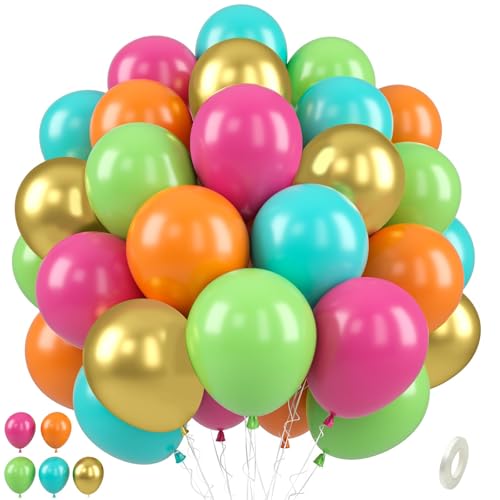 Paready Tropisch Luftballons, 50 Stück Geburtstag Luftballon Hawaiisch, 12 Zoll Heißes Rosa Grün Orange Blaugrün Metallic Gold Latex Ballon Bunt Helium für Babyparty Sommerfest Pool-Strandparty Deko von Paready