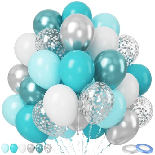 Paready Türkis Silber Luftballons, 50 Stück Luftballon Geburtstag Weiß Türkis Silber, 12 Zoll Tiffany Blau Metallic Grün Konfetti Ballon für Geburtstag Hochzeit Babyparty Verlobung Jahrestag Deko von Paready