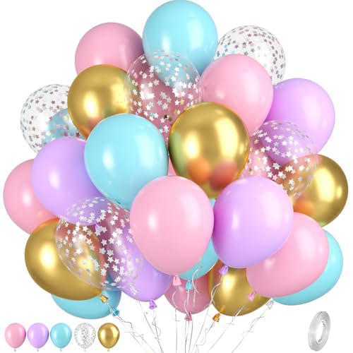 Rosa Lila Blauer Luftballons, 50 Stück Rosa Lila Gold Ballons, Makara Rosa Teal Blau Gold Balloons, Stern-Konfetti-Ballons für Hochzeit Geburtstag Meerjungfrau Party Babyparty Brautparty Dekoration von Paready