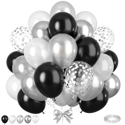 Schwarz Silber Luftballons, 50 Stück Schwarze Silber Weiße Ballons, Perlmutt Weiße Ballons, Silber Konfetti Luftballon für Hochzeit Geburtstag Party Jahrestag Babyparty Verlobung Party Dekorationen von Paready