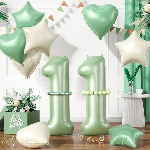 Zahlen 11 Grüne Luftballon, Luftballons 11. Geburtstag Grüne, 40 Zoll Grüne Zahl Ballons, Grün Helium Ballons Beige Grüne Herz Stern 11 Ballon für 11. 1. Kinder Geburtstag Party Jahrestag Dekoration von Paready