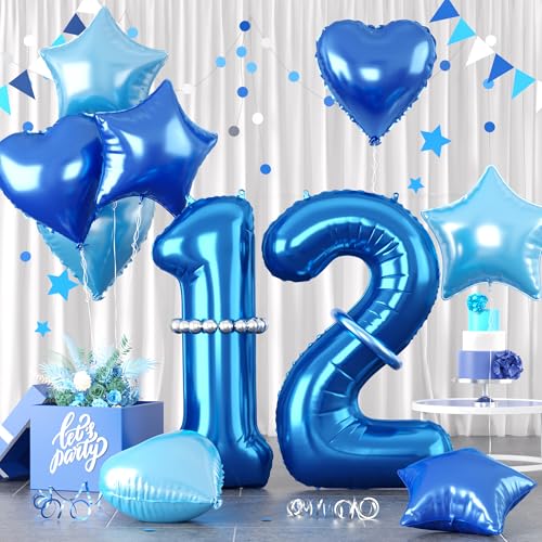 Zahlen 12 Blau Luftballon, Luftballons 12. Geburtstag Blau, 40 Zoll Blau Zahl Ballons, Blau Helium Ballons Hellblau Herz Stern 12 Ballon für Jungen 12. 1. 2. Kinder Geburtstag Party Jahrestag Dekor von Paready