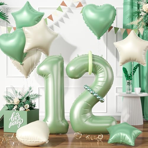 Zahlen 12 Grüne Luftballon, Luftballons 12. Geburtstag Grüne, 40 Zoll Grüne Zahl Ballons, Grün Helium Ballon Beige Grüne Herz Stern 12 Ballon für 12. 1. 2. Kinder Geburtstag Party Jahrestag Dekoration von Paready