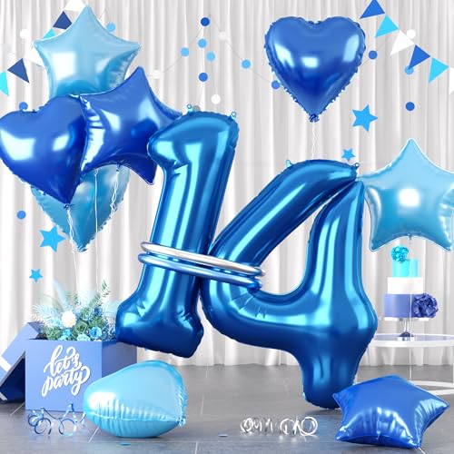 Zahlen 14 Blau Luftballon, Luftballons 14. Geburtstag Blau, 40 Zoll Blau Zahl Ballons, Blau Helium Ballons Hellblau Herz Stern 14 Ballon für Jungen 14. 1. 4. Kinder Geburtstag Party Jahrestag Dekor von Paready