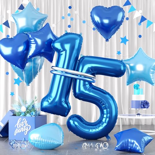 Zahlen 15 Blau Luftballon, Luftballons 15. Geburtstag Blau, 40 Zoll Blau Zahl Ballons, Blau Helium Ballons Hellblau Herz Stern 15 Ballon für Jungen 15. 1. 5. Kinder Geburtstag Party Jahrestag Dekor von Paready