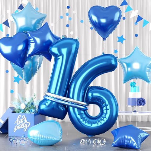 Zahlen 16 Blau Luftballon, Luftballons 16. Geburtstag Blau, 40 Zoll Blau Zahl Ballons, Blau Helium Ballons Hellblau Herz Stern 16 Ballon für Jungen 16. 1. 6. Kinder Geburtstag Party Jahrestag Dekor von Paready