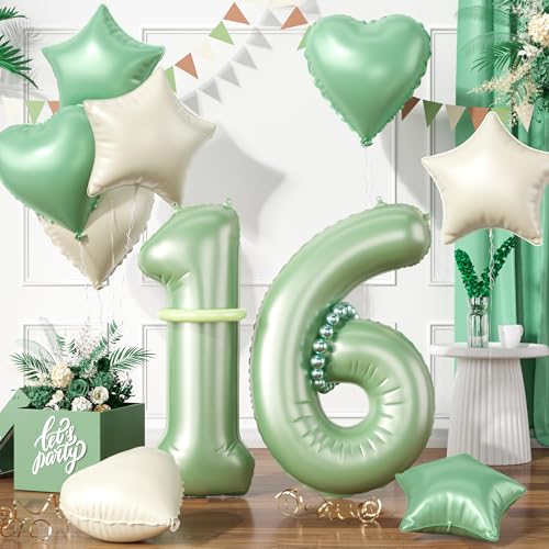 Zahlen 16 Grüne Luftballon, Luftballons 16. Geburtstag Grüne, 40 Zoll Grüne Zahl Ballons, Grün Helium Ballon Beige Grüne Herz Stern 16 Ballon für 16. 1. 6. Kinder Geburtstag Party Jahrestag Dekoration von Paready