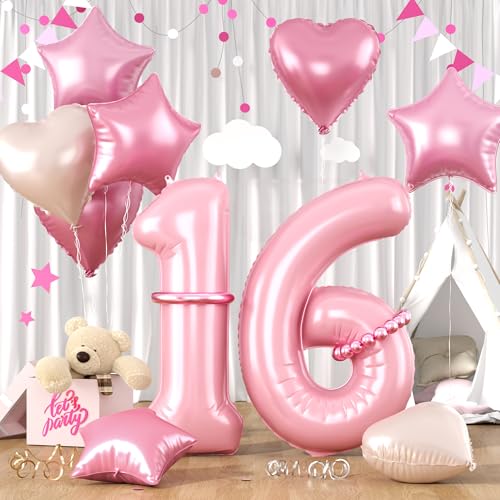 Zahlen 16 Rosa Luftballon, Luftballons 16. Geburtstag Pastell Rosa, 40 Zoll Rosa Zahl Ballons, Rosa Helium Ballons Herz Stern 16 Ballon für Mädchen Frau 16. 1. 6. Geburtstag Party Jahrestag Dekoration von Paready