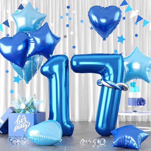 Zahlen 17 Blau Luftballon, Luftballons 17. Geburtstag Blau, 40 Zoll Blau Zahl Ballons, Blau Helium Ballons Hellblau Herz Stern 17 Ballon für Jungen 17. 1. 7. Kinder Geburtstag Party Jahrestag Dekor von Paready