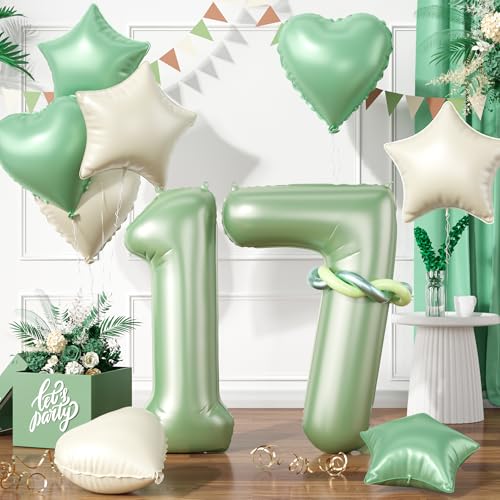 Zahlen 17 Grüne Luftballon, Luftballons 17. Geburtstag Grüne, 40 Zoll Grüne Zahl Ballons, Grün Helium Ballon Beige Grüne Herz Stern 17 Ballon für 17. 1. 7. Kinder Geburtstag Party Jahrestag Dekoration von Paready