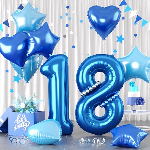 Zahlen 18 Blau Luftballon, Luftballons 18. Geburtstag Blau, 40 Zoll Blau Zahl Ballons, Blau Helium Ballons Hellblau Herz Stern 18 Ballon für Jungen 18. 1. 8. Kinder Geburtstag Party Jahrestag Dekor von Paready