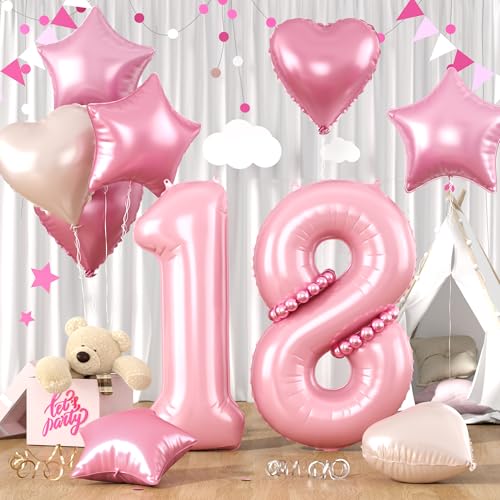 Zahlen 18 Rosa Luftballon, Luftballons 18. Geburtstag Pastell Rosa, 40 Zoll Rosa Zahl Ballons, Rosa Helium Ballons Herz Stern 18 Ballon für Mädchen Frau 18. 1. 8. Geburtstag Party Jahrestag Dekoration von Paready