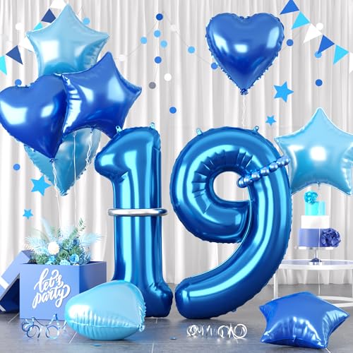 Zahlen 19 Blau Luftballon, Luftballons 19. Geburtstag Blau, 40 Zoll Blau Zahl Ballons, Blau Helium Ballons Hellblau Herz Stern 19 Ballon für Jungen 19. 1. 9. Kinder Geburtstag Party Jahrestag Dekor von Paready