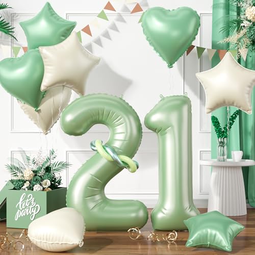 Zahlen 21 Grüne Luftballon, Luftballons 21. Geburtstag Grüne, 40 Zoll Grüne Zahl Ballons, Grün Helium Ballon Beige Grüne Herz Stern 21 Ballon für 21. 1. 2. Kinder Geburtstag Party Jahrestag Dekoration von Paready