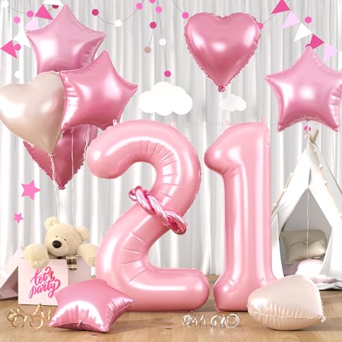 Zahlen 21 Rosa Luftballon, Luftballons 21. Geburtstag Pastell Rosa, 40 Zoll Rosa Zahl Ballons, Rosa Helium Ballons Herz Stern 21 Ballon für Mädchen Frau 21. 1. 2. Geburtstag Party Jahrestag Dekoration von Paready