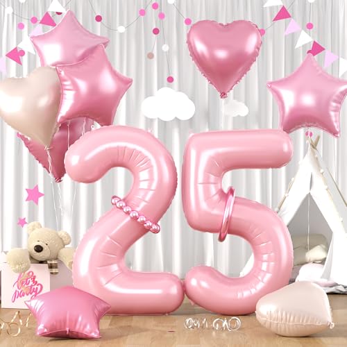 Zahlen 25 Rosa Luftballon, Luftballons 25. Geburtstag Pastell Rosa, 40 Zoll Rosa Zahl Ballons, Rosa Helium Ballons Herz Stern 25 Ballon für Mädchen Frau 25. 2. 5. Geburtstag Party Jahrestag Dekoration von Paready