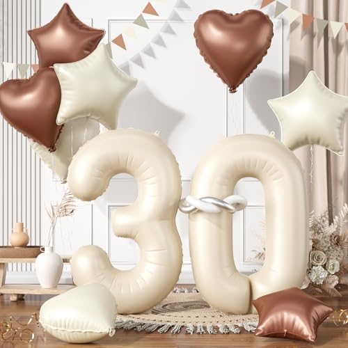 Zahlen 30 Beige Luftballon, Luftballons 30. Geburtstag Cremeweiß, 40 Zoll Creme Zahl Ballon, Aprikosen Helium Ballons Braune Herz Stern 30 Ballon für 30. 3. Kinder Geburtstag Party Jahrestag Dekor von Paready