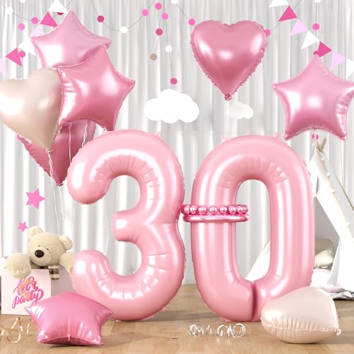 Zahlen 30 Rosa Luftballon, Luftballons 30. Geburtstag Pastell Rosa, 40 Zoll Rosa Zahl Ballons, Rosa Helium Ballons Herz Stern 30 Ballon für Mädchen Frau 30. 3. Geburtstag Party Jahrestag Dekoration von Paready