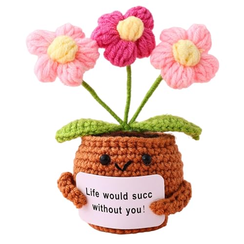 Kleine gestrickte Wolle Topfblumen Spielzeug mit positiver Karte - Kreative niedliche Häkelblumen Puppe Cheer Up Geschenke für Freunde, Partys, Weihnachtsdekoration und Ermutigung von Parfaour