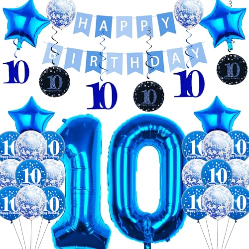 Pargleev 10 Geburtstag Dekorationen, 101.6 cm Zahl 10 Geburtstag Luftballons mit Swirl Dekorationen Happy Birthday Banner und Stern Folienballons Confetii Latex Ballons für Party Blau von Pargleev