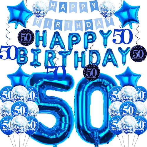 Pargleev 50 Geburtstag Dekorationen, 101.6 cm Zahl 50 Geburtstag Luftballons mit Swirl Dekorationen Happy Birthday Banner und Stern Folienballons Confetii Latex Ballons für Party Dekorationen Blau von Pargleev