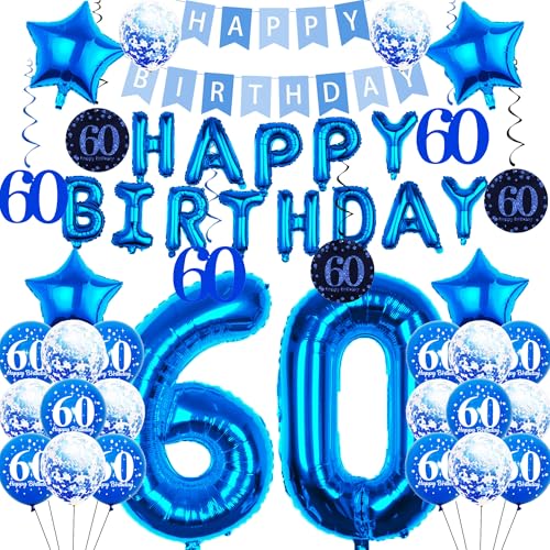 Pargleev 60 Geburtstag Dekorationen, 101.6 cm Zahl 60 Geburtstag Luftballons mit Swirl Dekorationen Happy Birthday Banner und Stern Folienballons Confetii Latex Ballons für Party Dekorationen Blau von Pargleev