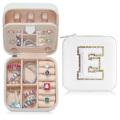 Parima Kleine Schmuckschatulle für Mädchen, Reise-Schmuckschatulle mit Initialen für Mädchen | Kleine Schmuck-Organizer-Box | Reise-Schmuckkästchen, Schmuckkästchen-Organizer - Initial E – Weiß von Parima