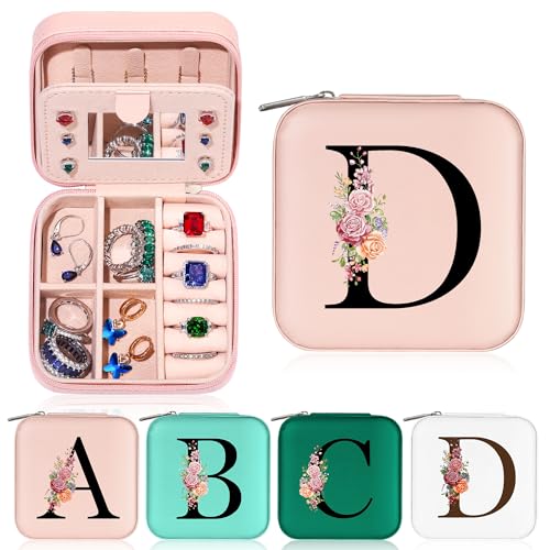 Parima Kleine Schmuckschatulle mit Anfangsbuchstaben D und Blume Initiale Schmuckkästchen Travel Organizer Box Geschenke für Damen Mädchen Geschenke für Weihnachten Geburtstage Hochzeit Brautjungfer von Parima