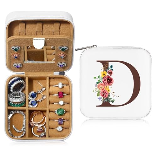 Parima Geschenke für Valentinstag Geburtstage Hochzeit Brautjungfer-Kleine Schmuckschatulle mit Anfangsbuchstaben D und Blume Initiale Schmuckkästchen Travel Organizer Box Geschenke für Damen Mädchen von Parima