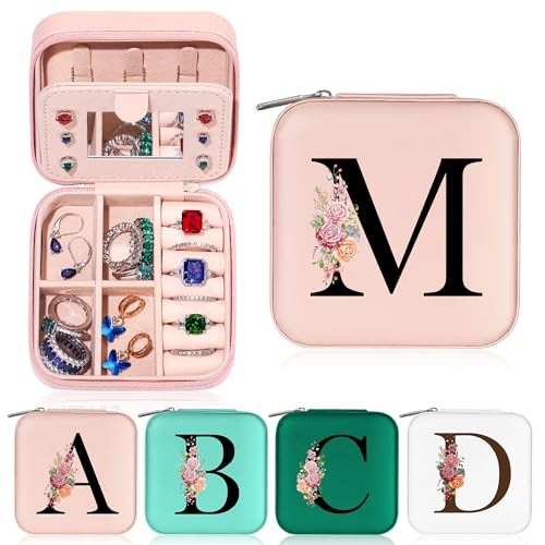 Parima Kleine Schmuckschatulle mit Anfangsbuchstaben M und Blume Initiale Schmuckkästchen Travel Organizer Box Geschenke für Damen Mädchen Geschenke für Weihnachten Geburtstage Hochzeit Brautjungfer von Parima