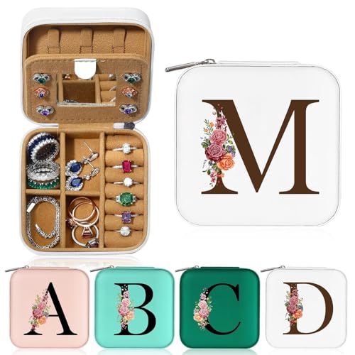 Parima Kleine Schmuckschatulle mit Anfangsbuchstaben M und Blume Initiale Schmuckkästchen Travel Organizer Box Geschenke für Damen Mädchen Geschenke für Weihnachten Geburtstage Hochzeit Brautjungfer von Parima