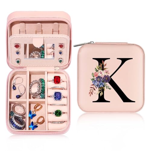 Parima Reise Schmuckkästchen Mädchen - Kleine Schmuckschatulle für Damen | Reiseschmuckaufbewahrung mit initiale K | Schmuckbox Jewelry Box für Ringe,Armbänder,Ohrringe | Geschenke für Frauen von Parima