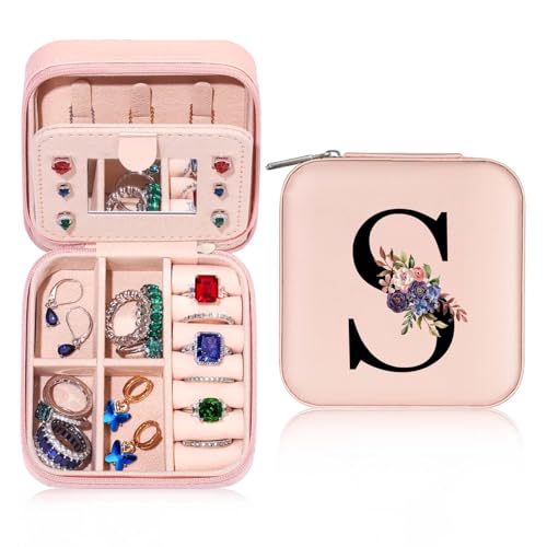 Parima Schmuckkästchen Reise - Kleine Schmuckschatulle für Damen | Reiseschmuckaufbewahrung mit initiale S | Schmuckbox Jewelry Box für Ringe,Armbänder,Ohrringe,Halskette | Geschenke für Frauen von Parima