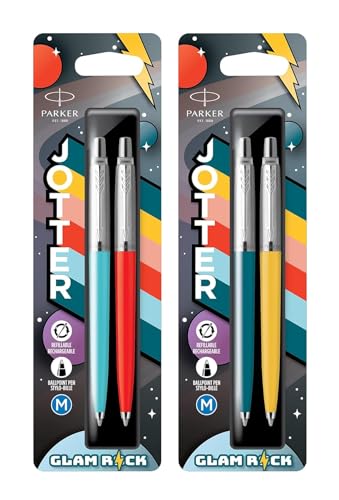 PARKER Jotter Originals Kugelschreiber | 4 Stück | Glam-Rock-Kollektion | Azurblau, Zinnoberrot, Pfauenblau und Sonnenscheingelb | Blaue Tinte von PARKER