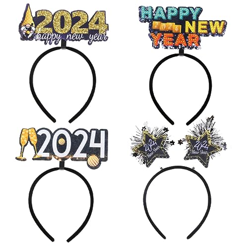 Parliky 4 Stück 2024 Neujahrs Stirnband Neujahrs Haarband Dekoratives Haarband Party Haarband Haarspange 2024 Kopfschmuck Party Haarschmuck Silvester Partyzubehör 2023 Stoff Kunststoff von Parliky