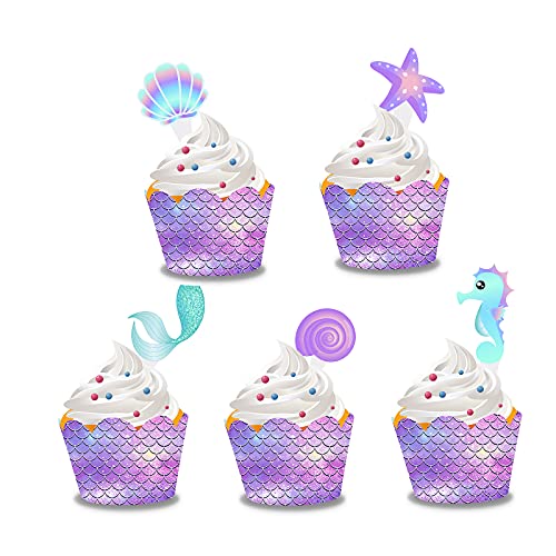 40 Sets Meerjungfrau Cupcake Wapper und Cupcake Topper, Unterwasserwelt Pappbecher Dekoration Becherhalter für Geburtstag Party Dekorationen von Parrtty Hurrican