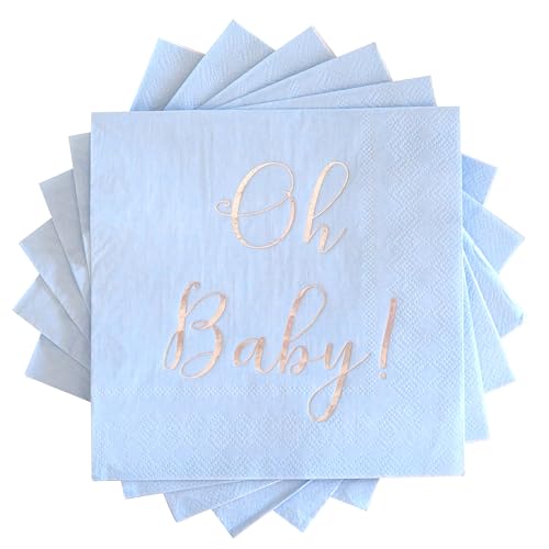 Servietten für Babypartys, Einweg-Papierservietten, Cocktail-Servietten mit Folie "Oh Baby!" gefaltet, 16,5 x 16,5 cm, für Jungen, Babyparty, Party, Blau mit Silberfarben, 50 Stück von Partay Shenanigans