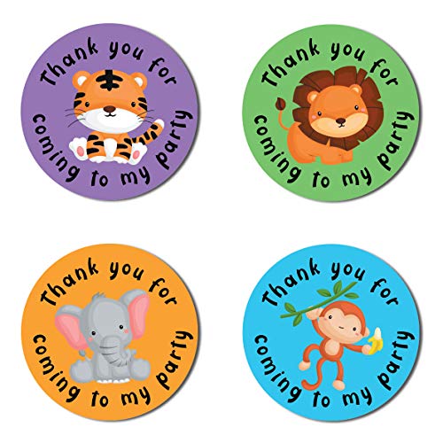 40 mm Dschungeltiere "Thank You for Coming to My Party" runde Aufkleber für Partytüten & Süßigkeitenkegel – Löwe, Affe, Elefant und Tiger (24 Aufkleber) von PartiKraft