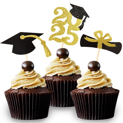 2023 Gold Glitter Graduation Cupcake Topper, Food / Appetizer Picks Class of 2023 Abschlussfeier Party Supplies (24 Stück) von Partico