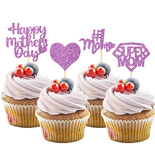 24 Stück Happy Mother's Day Cupcake Toppers, Glitzer Super Mom Cupcake Picks Kuchen Dekoration für Muttertag Party Zubehör (Rosa) von Partico